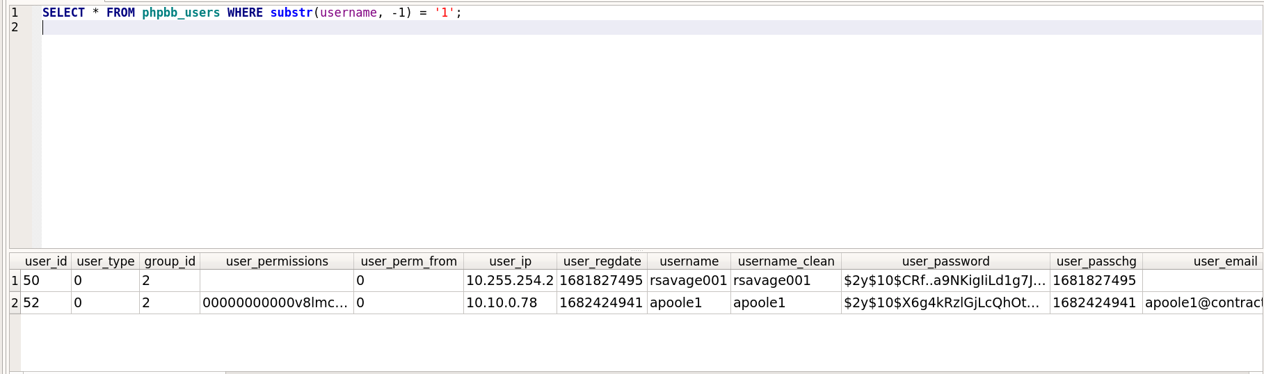 phpBB users table evidence