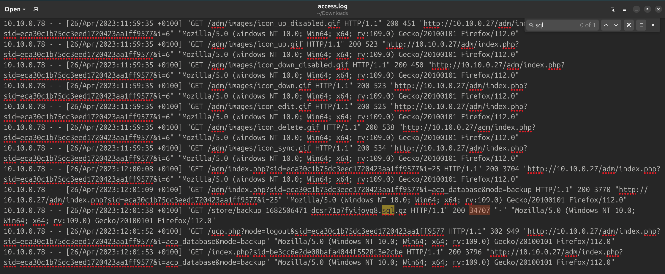 Database backup access log evidence