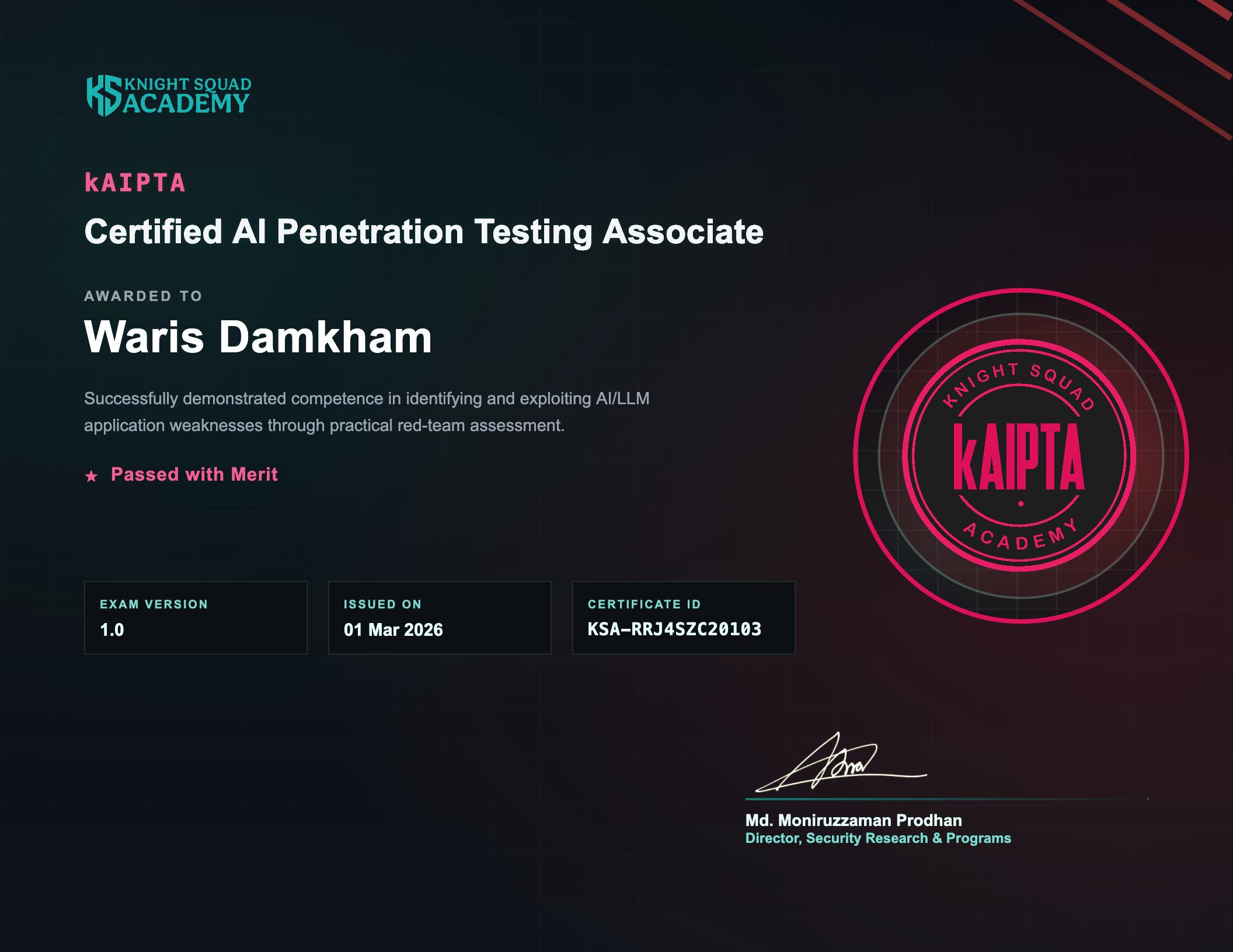Certified AI Penetration Testing Associate (kAIPTA) certificate